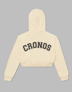 CRONOS WOMEN COLLEGE LOGO SHORT HOODIE【CREAM】