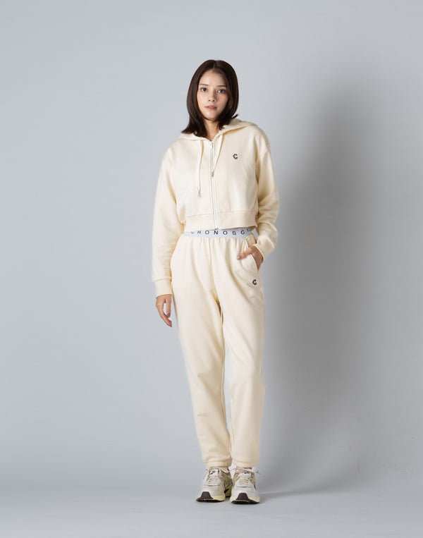 CRONOS WOMEN COLLEGE LOGO SHORT HOODIE【CREAM】