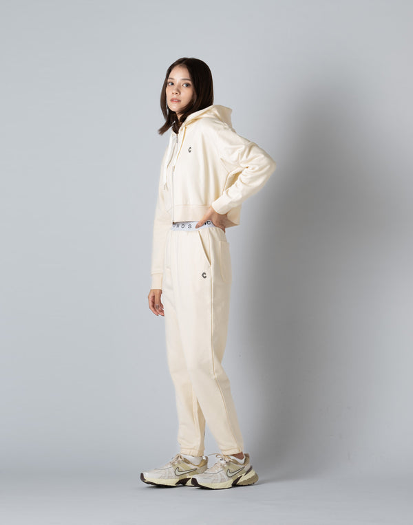 CRONOS WOMEN COLLEGE LOGO SHORT HOODIE【CREAM】