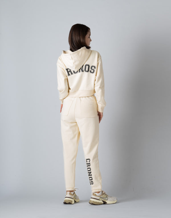 CRONOS WOMEN COLLEGE LOGO SHORT HOODIE【CREAM】