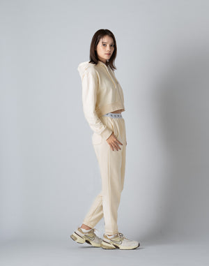 CRONOS WOMEN COLLEGE LOGO SHORT HOODIE【CREAM】