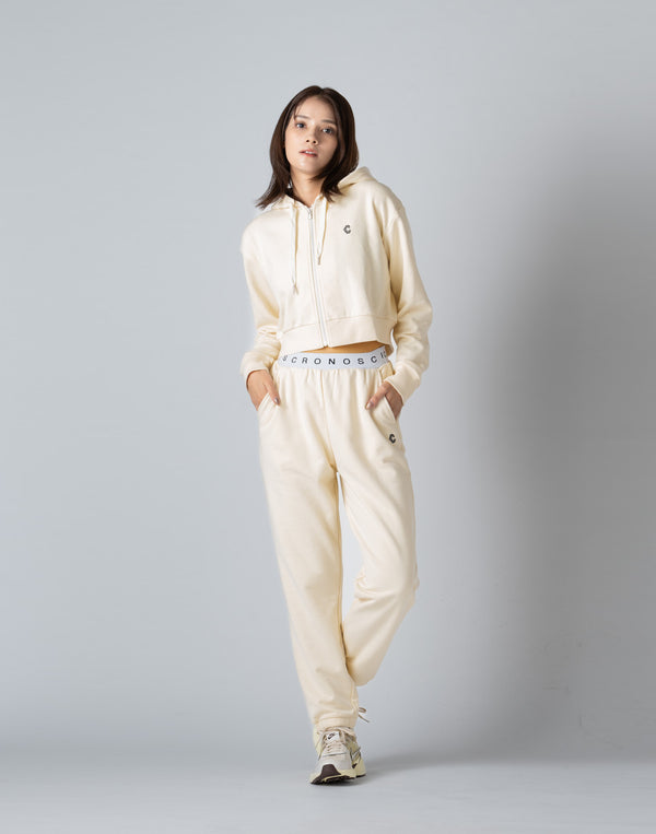 CRONOS WOMEN COLLEGE LOGO SHORT HOODIE【CREAM】