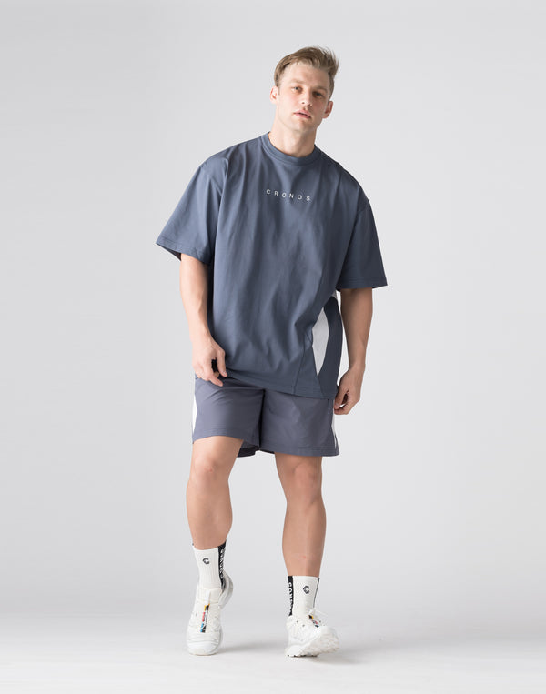 CRONOS Diagonal Panel OverSize T-SHIRT【G.BLUE】