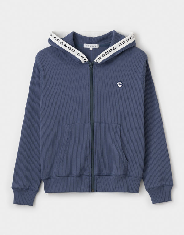 CRONOS WOMEN Shiny Wide Rib Hoodie【NAVY】