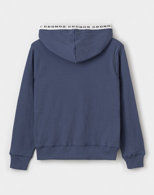 CRONOS WOMEN Shiny Wide Rib Hoodie【NAVY】