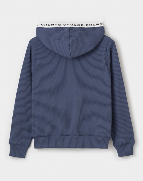 CRONOS WOMEN Shiny Wide Rib Hoodie【NAVY】