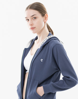 CRONOS WOMEN Shiny Wide Rib Hoodie【NAVY】
