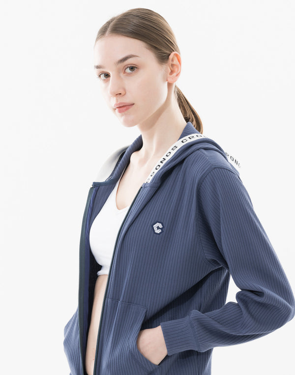 CRONOS WOMEN Shiny Wide Rib Hoodie【NAVY】