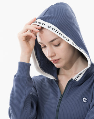 CRONOS WOMEN Shiny Wide Rib Hoodie【NAVY】