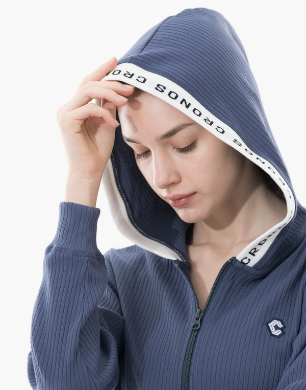 CRONOS WOMEN Shiny Wide Rib Hoodie【NAVY】