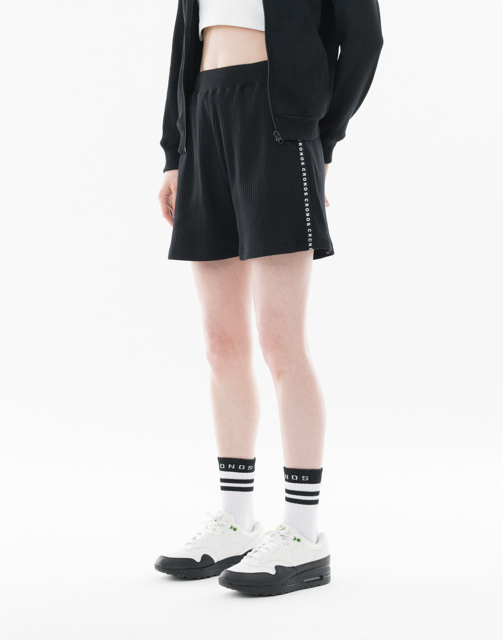 CRONOS WOMEN Shiny Wide Rib Shorts【BLACK】