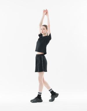 CRONOS WOMEN Shiny Wide Rib Shorts【BLACK】