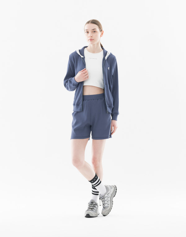 CRONOS WOMEN Shiny Wide Rib Hoodie【NAVY】