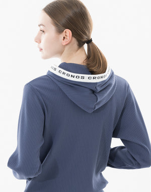 CRONOS WOMEN Shiny Wide Rib Hoodie【NAVY】