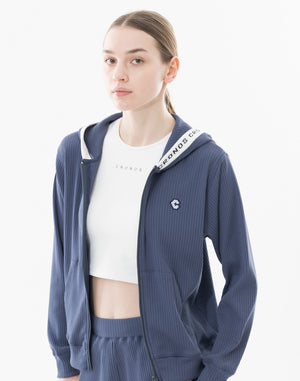 CRONOS WOMEN Shiny Wide Rib Hoodie【NAVY】