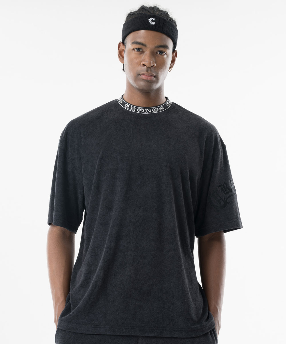 CRONOS Bamboo Pile Jacquard Logo S/S TEE【OFF BLACK】