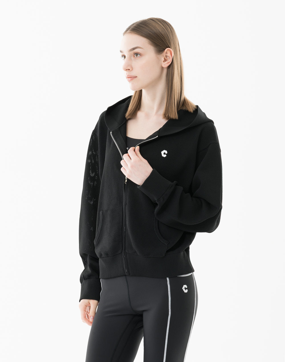 CRONOS WOMEN Summer Mesh Knit Zip Hoodie【BLACK】