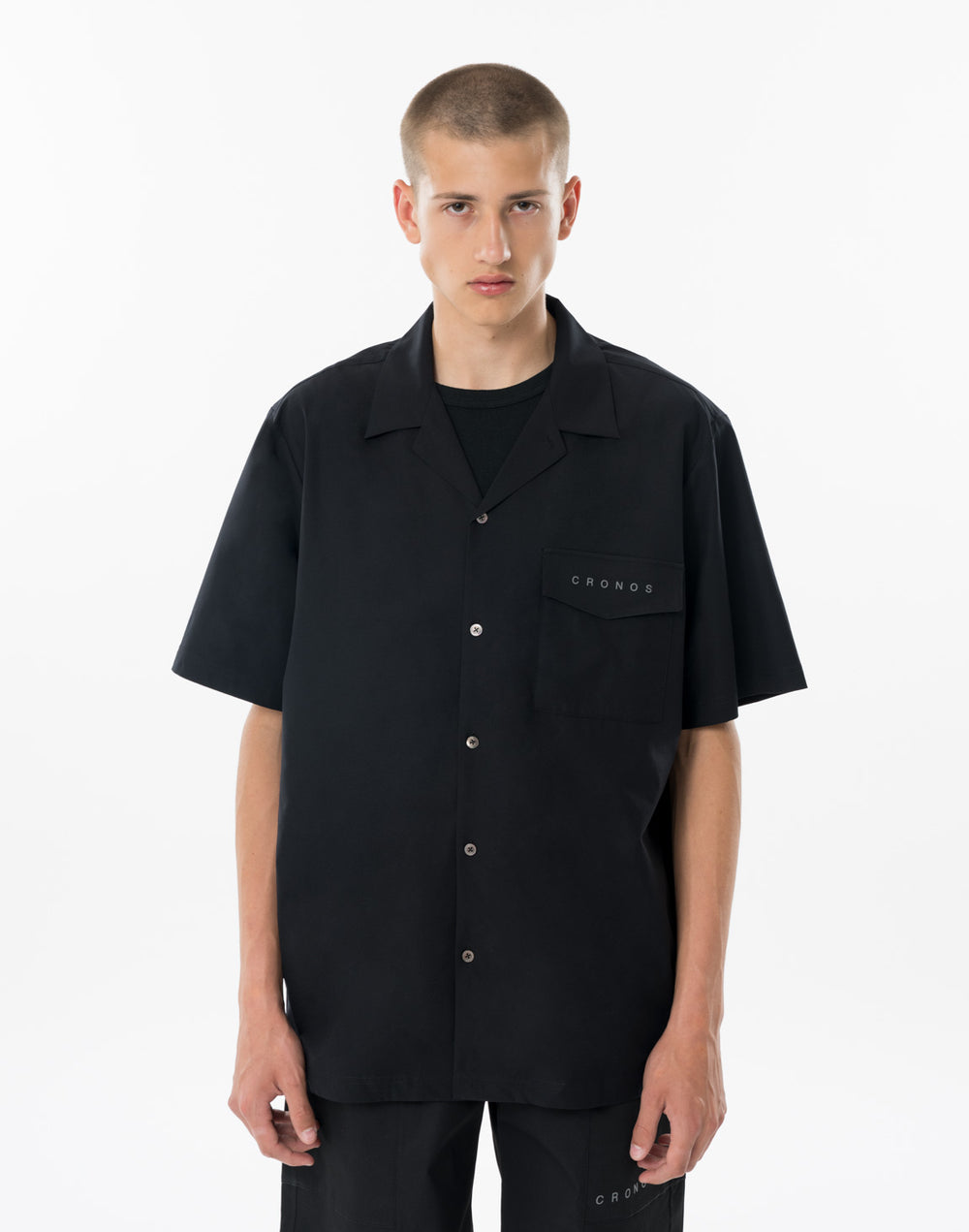 CRONOS STRETCH OPEN COLLAR S/S SHIRT【BLACK】