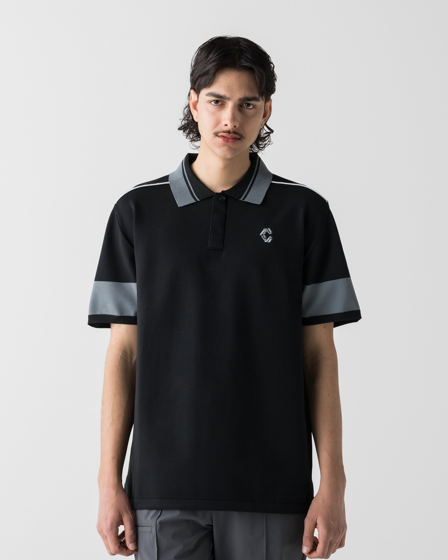 CRONOS ハイネックポロシャツ ホワイト&ブラック CRONOS BLACK CLEAN PIPING POLO【BLACK】