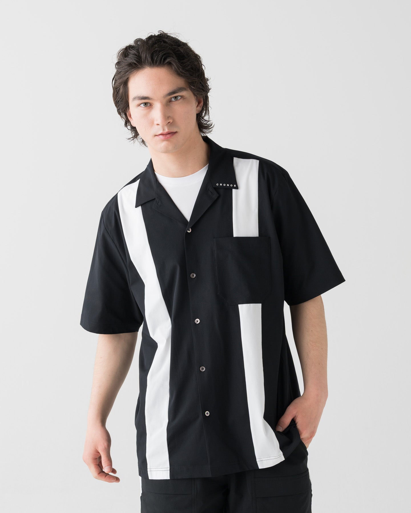 CRONOS ACTIVE OPEN COLLAR SHIRT【BLACK×WHITE】