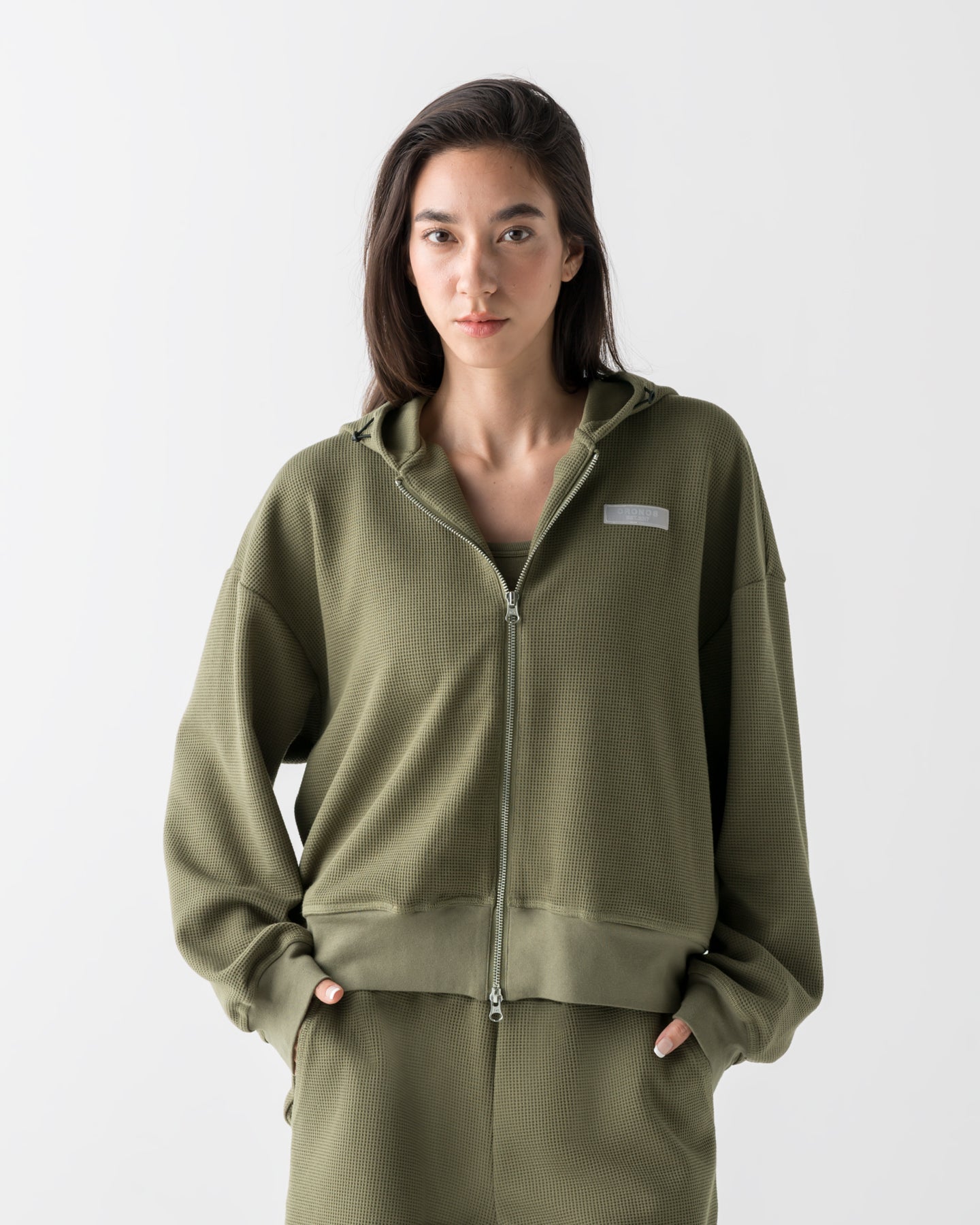 CRONOS WOMEN SHAPE CROPPED ZIP HOODIE【KHAKI】