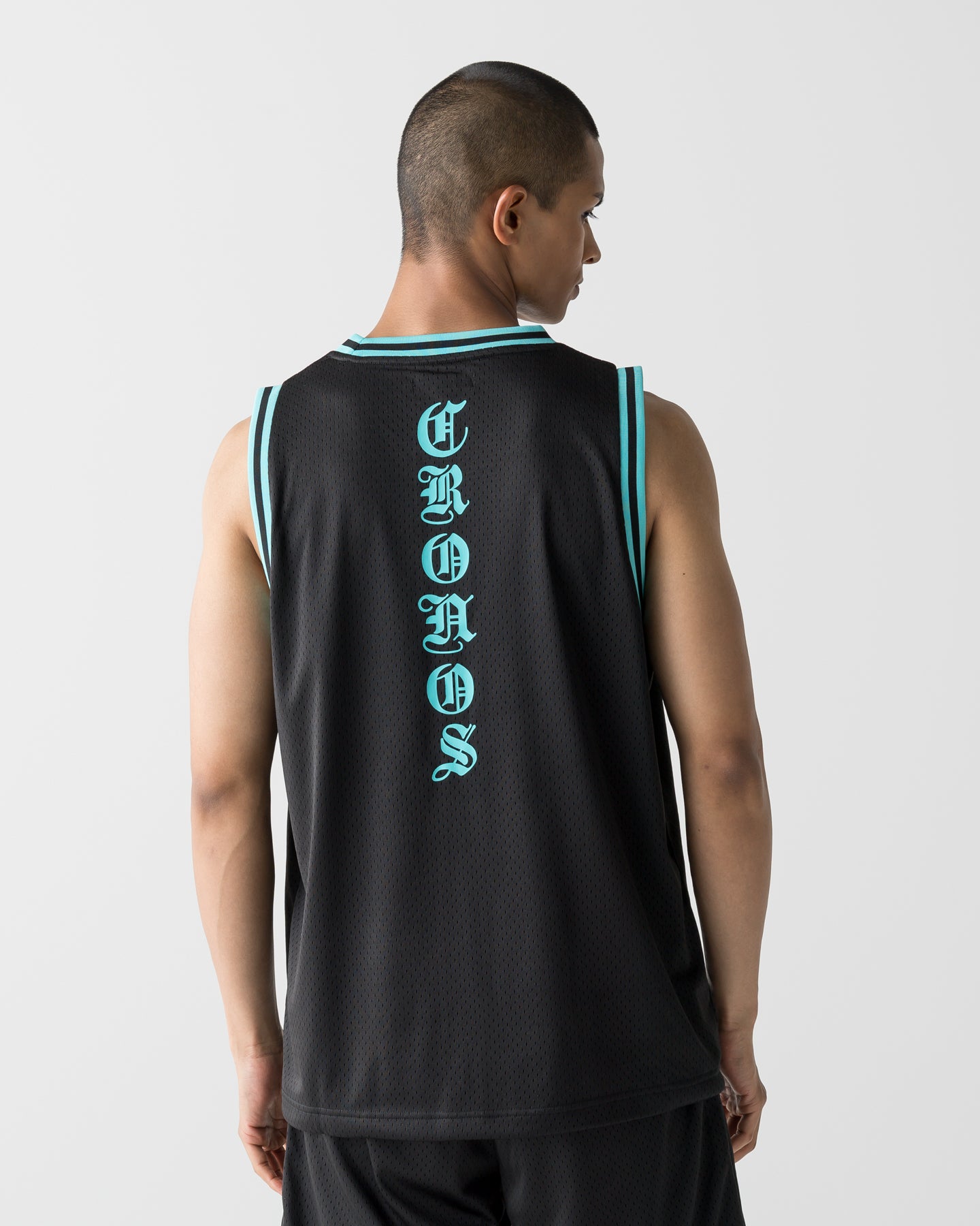CRONOS BLACKLETTER BASKET MESH SLEEVELESS【BLACK×T.BLUE】
