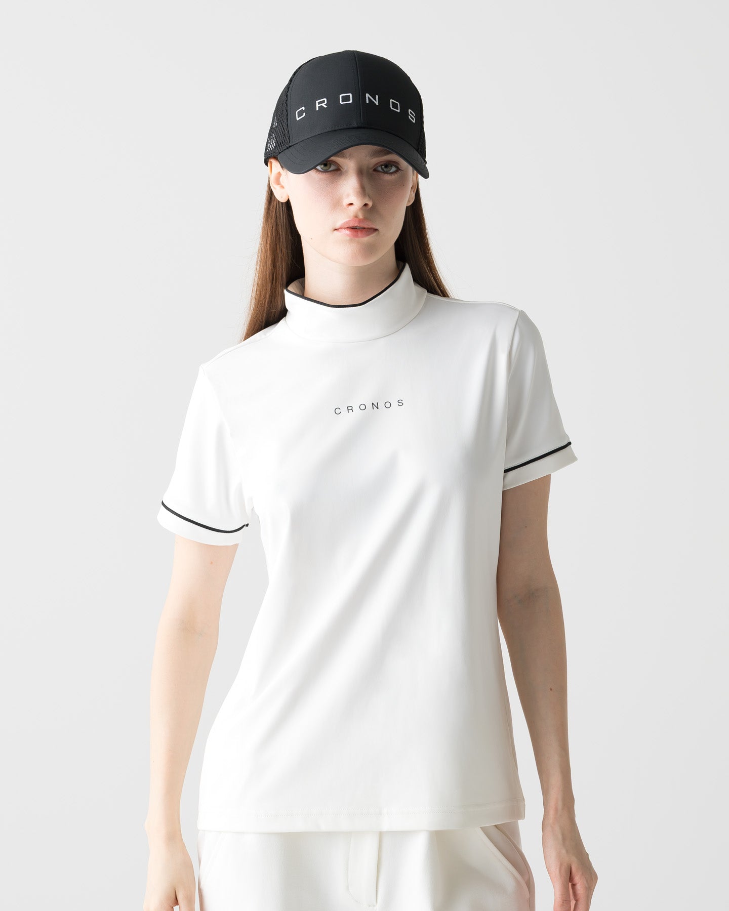 CRONOS BLACK WOMEN ZIP MOCK NECK TEE【WHITE】