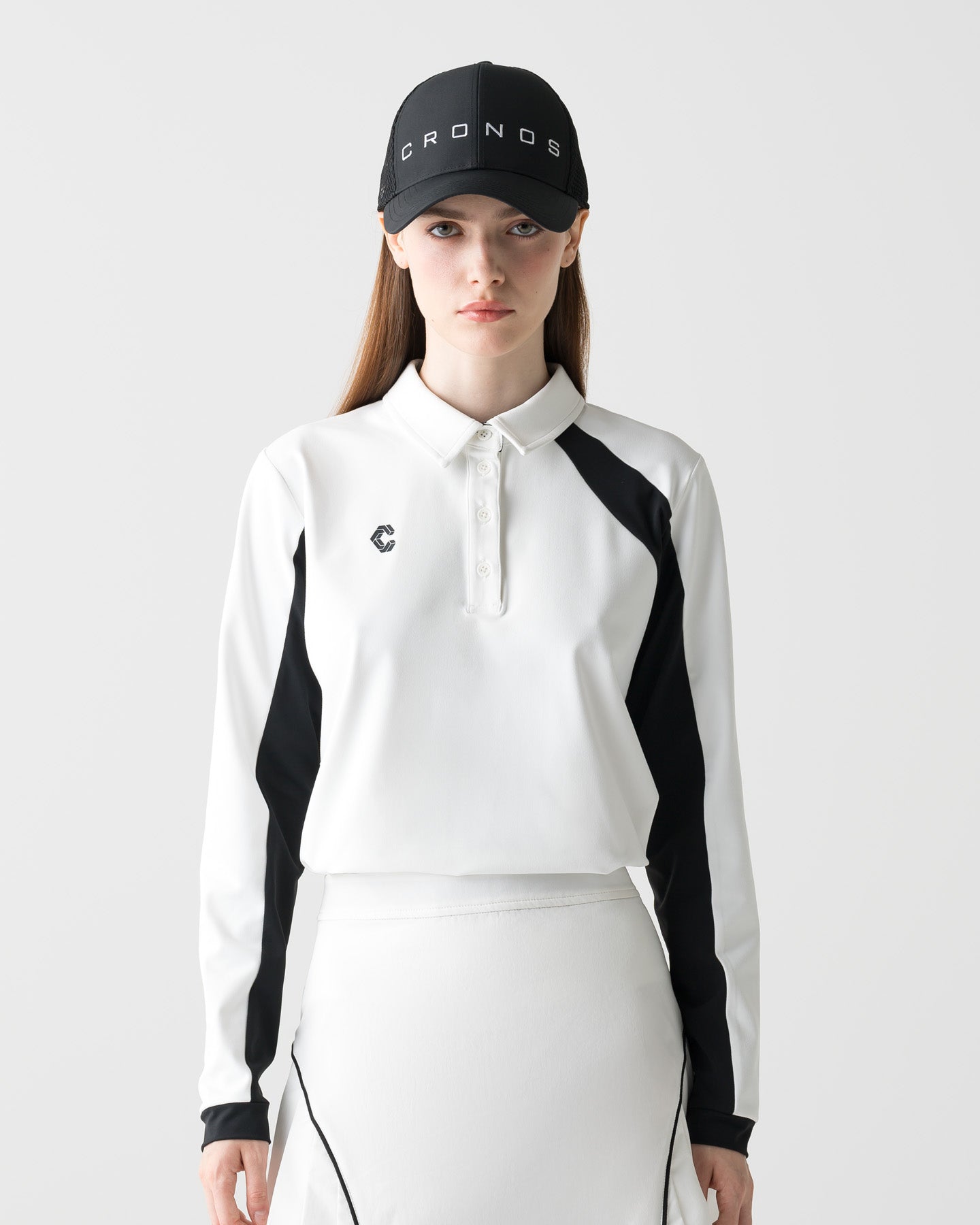 CRONOS BLACK WOMEN FITTED LONG SLEEVE POLO【WHITE】