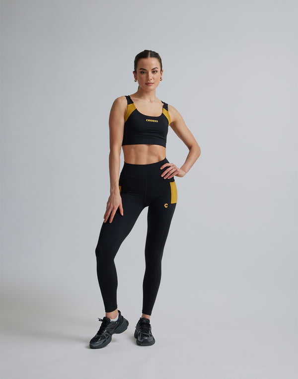 CRONOS WOMEN SPORTS MESH LEGGINGS【BLACK×YELLOW】
