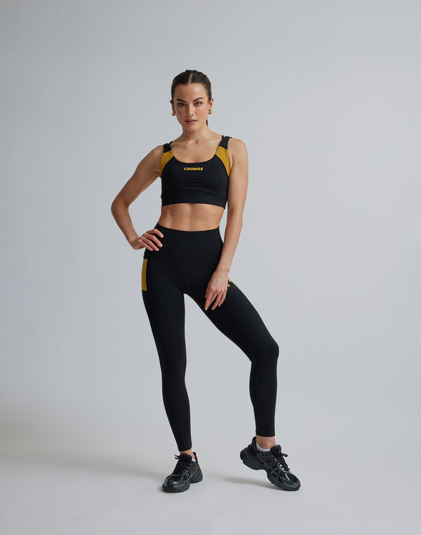 CRONOS WOMEN SPORTS MESH LEGGINGS【BLACK×YELLOW】