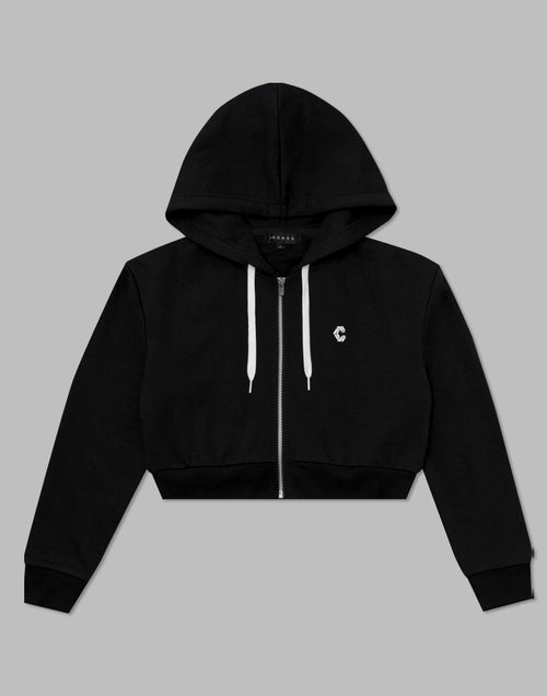 CRONOS WOMEN COLLEGE LOGO SHORT HOODIE [BLACK×WHITE]