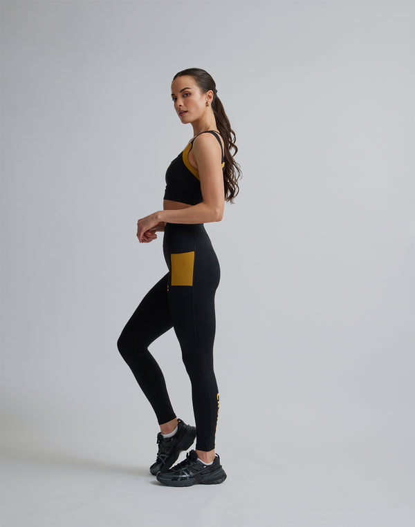 CRONOS WOMEN SPORTS MESH LEGGINGS【BLACK×YELLOW】