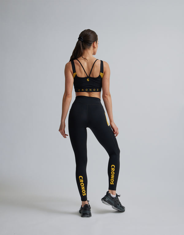 CRONOS WOMEN SPORTS MESH LEGGINGS【BLACK×YELLOW】