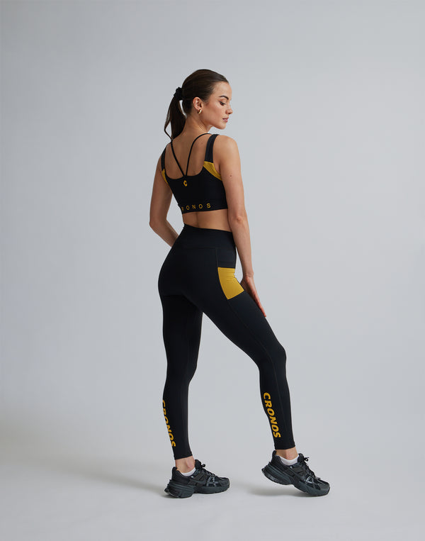 CRONOS WOMEN SPORTS MESH LEGGINGS【BLACK×YELLOW】