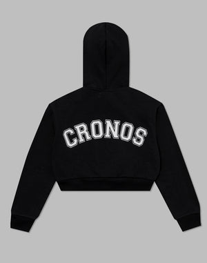 CRONOS WOMEN COLLEGE LOGO SHORT HOODIE [BLACK×WHITE]