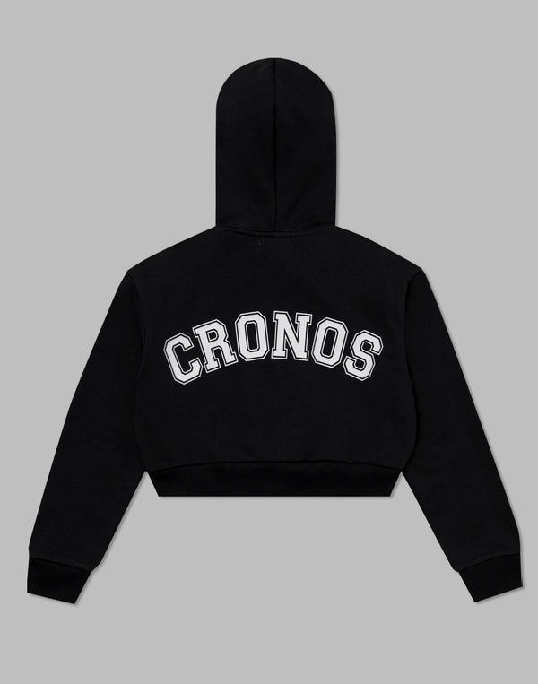 CRONOS WOMEN COLLEGE LOGO SHORT HOODIE [BLACK×WHITE]