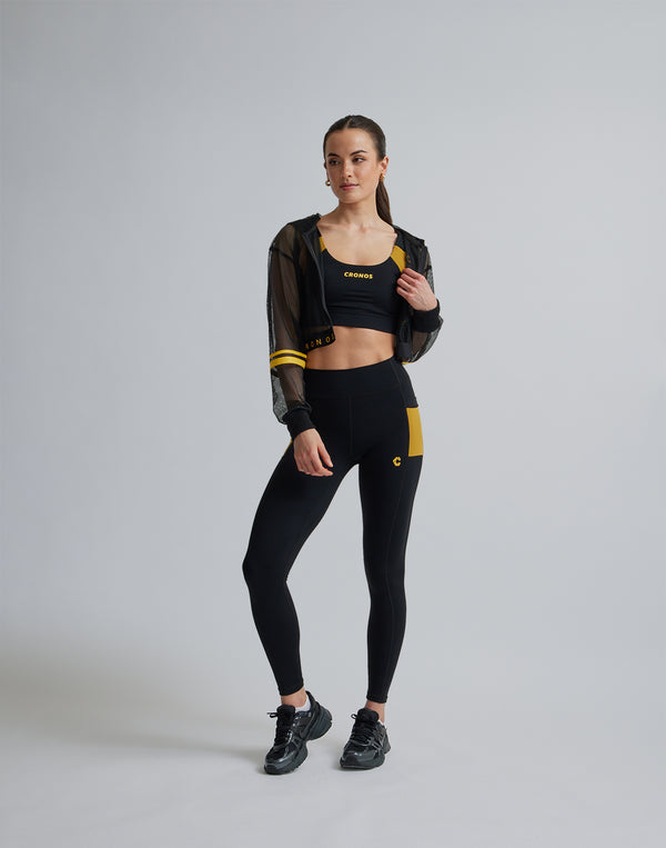 CRONOS WOMEN SPORTS MESH LEGGINGS【BLACK×YELLOW】