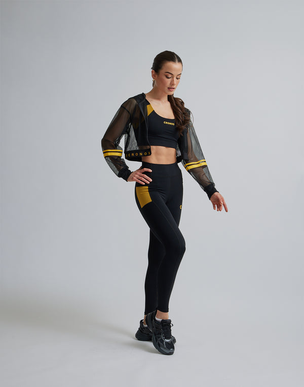 CRONOS WOMEN SPORTS MESH LEGGINGS【BLACK×YELLOW】