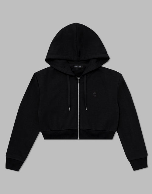 CRONOS WOMEN COLLEGE LOGO SHORT HOODIE [BLACK×BLACK]