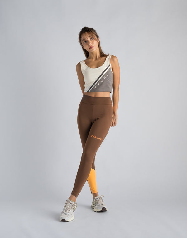 CRONOS WOMEN SWITCHED LOGO LEGGINGS【BROWN】