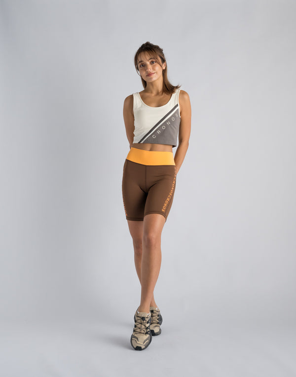 CRONOS WOMEN SWITCHED LOGO SHORT LEGGINGS【BROWN】