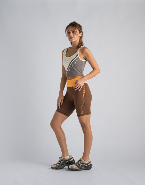 CRONOS WOMEN SWITCHED LOGO SHORT LEGGINGS【BROWN】