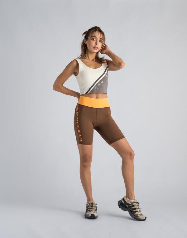 CRONOS WOMEN SWITCHED LOGO SHORT LEGGINGS【BROWN】
