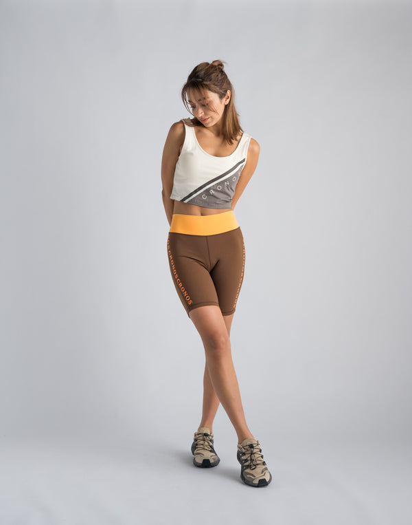 CRONOS WOMEN SWITCHED LOGO SHORT LEGGINGS【BROWN】
