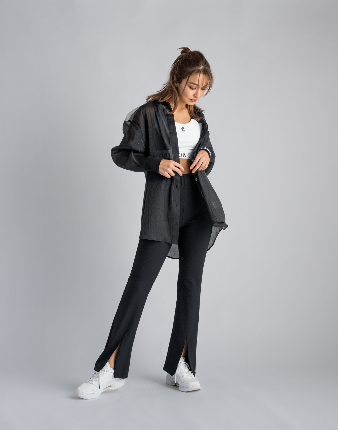 CRONOS WOMEN RIB HIGH RISE SLIT PANTS【BLACK】 – クロノス