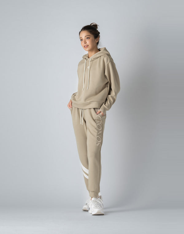 CRONOS WOMEN EMBROIDERY LOGO HOODY [BEIGE]