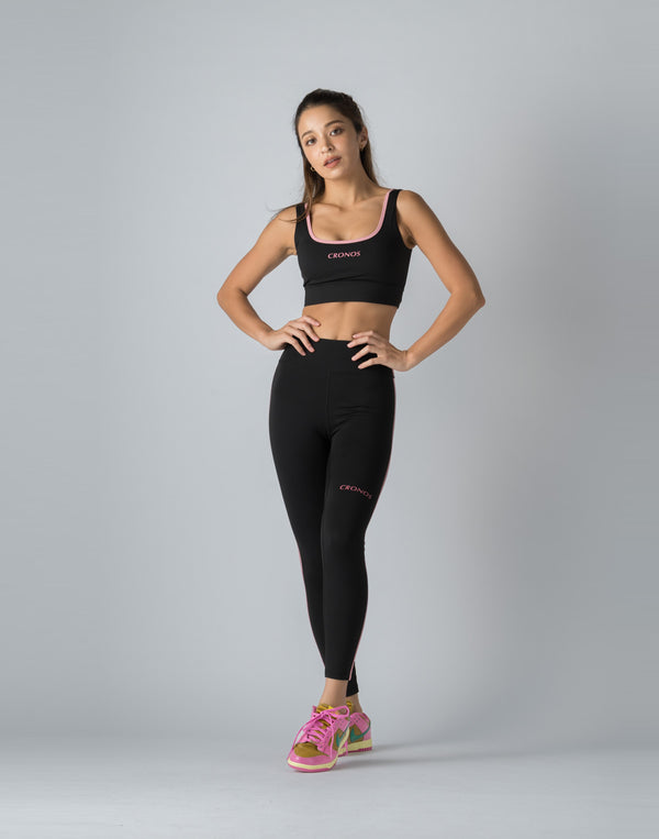 CRONOS WOMEN DOUBLE STRIPES LEGGINGS【BLACK×PINK】