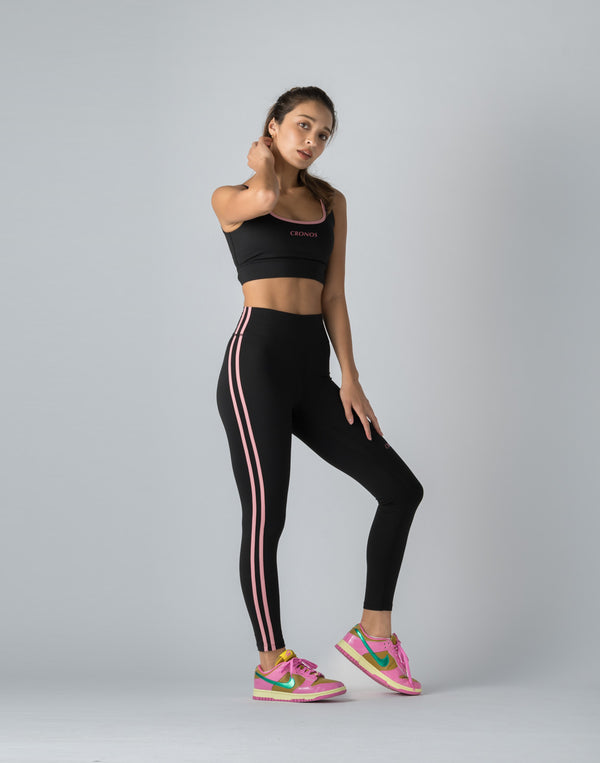 CRONOS WOMEN DOUBLE STRIPES LEGGINGS【BLACK×PINK】