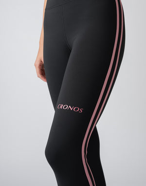 CRONOS WOMEN DOUBLE STRIPES LEGGINGS【BLACK×PINK】