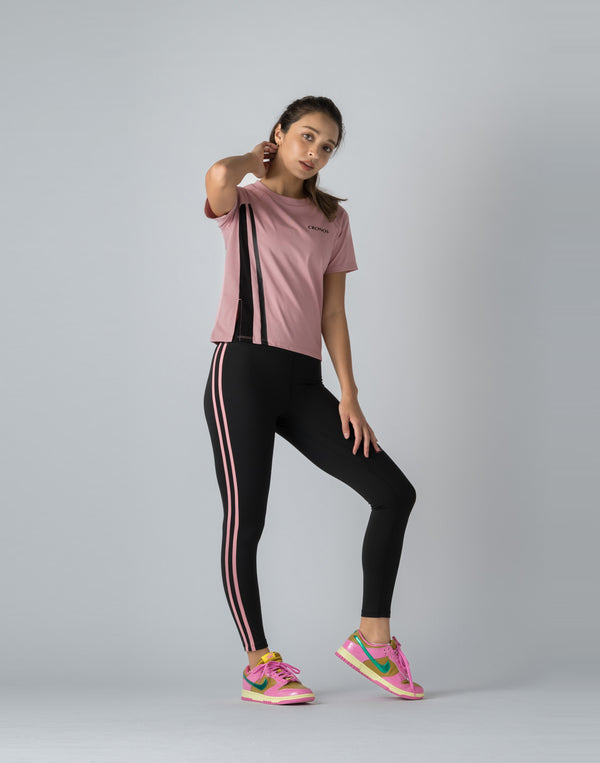 CRONOS WOMEN DOUBLE STRIPES LEGGINGS【BLACK×PINK】